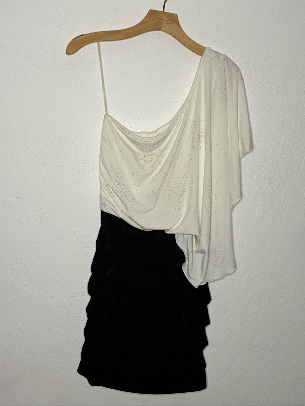 New Speechless One Shoulder Dress Cream Black Embellished Beaded  Medium Ruffled